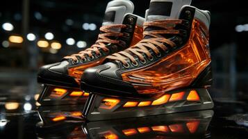 Skating shoes standing on the ice rink. Generative AI photo