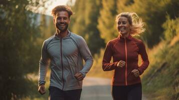 A man and a woman running happily side by side in nature. Generative AI photo