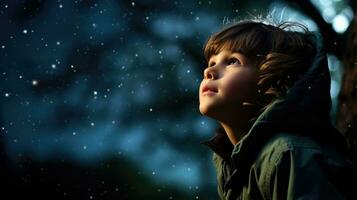 A child's astonishing moment as he gazes at the universe on a moonlit night. Generative AI photo