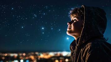 un niño asombroso momento como él miradas a el universo en un de luna noche. generativo ai foto