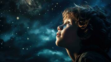 un niño asombroso momento como él miradas a el universo en un de luna noche. generativo ai foto