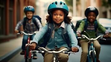 niños con mochilas yendo a colegio por bicicleta. generativo ai foto