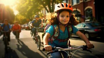 niños con mochilas yendo a colegio por bicicleta. generativo ai foto