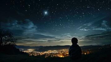 un niño asombroso momento como él miradas a el universo en un de luna noche. generativo ai foto