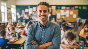 Happy male teacher in an elementary school classroom. Generative AI photo