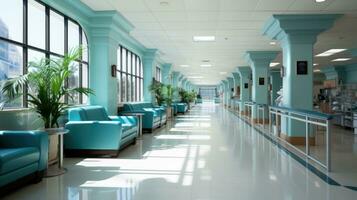 un moderno hospital corredor. generativo ai foto