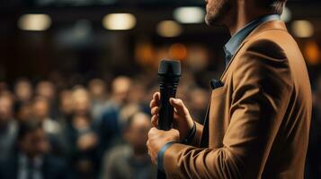 A motivational speaker addresses the audience. Generative AI photo