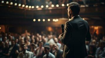 A motivational speaker addresses the audience. Generative AI photo