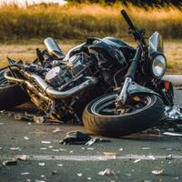 A motorcycle accident with property damage. Generative AI photo