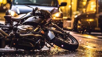 un motocicleta accidente con propiedad daño. generativo ai foto