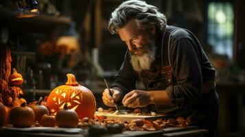 artesano preparando calabazas para Víspera de Todos los Santos en su taller. generativo ai foto