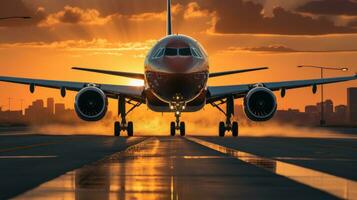 A passenger plane landing on the airport runway in the setting sun. Generative AI photo