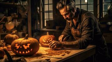 Craftsman preparing pumpkins for Halloween in his workshop. Generative AI photo