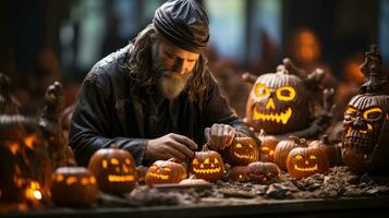 Craftsman preparing pumpkins for Halloween in his workshop. Generative AI photo