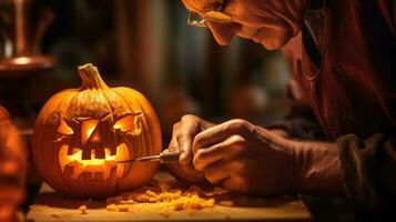 Craftsman preparing pumpkins for Halloween in his workshop. Generative AI photo