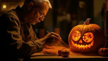 Craftsman preparing pumpkins for Halloween in his workshop. Generative AI photo