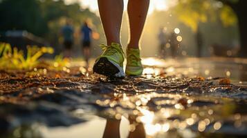 Shoes of a person in a natural environment on a blurred background. Generative AI photo