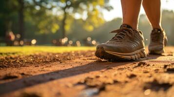 Shoes of a person in a natural environment on a blurred background. Generative AI photo