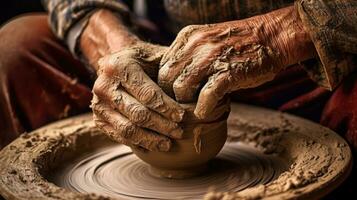 A potter deftly sculpting a vase on a spinning wheel. Generative AI photo