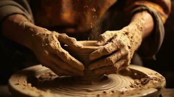 A potter deftly sculpting a vase on a spinning wheel. Generative AI photo