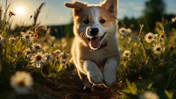 Happy and energetic running of a puppy in nature. Generative AI photo