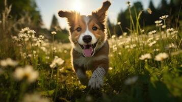 Happy and energetic running of a puppy in nature. Generative AI photo