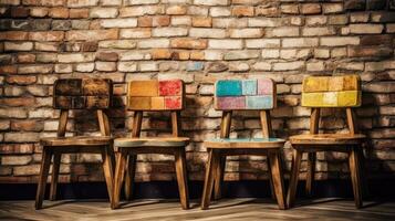 retro de madera sillas diseñado para niños en pie en frente de ladrillo pared. generativo ai foto