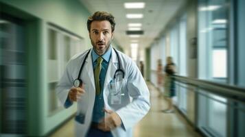 Male doctor running nervously in hospital corridor. Generative AI photo