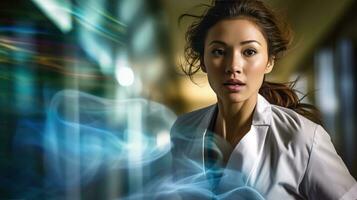 The female doctor running nervously in the hospital corridor. Generative AI photo