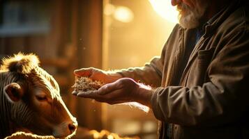 An experienced farmer feeding his animals early in the morning. Generative AI photo