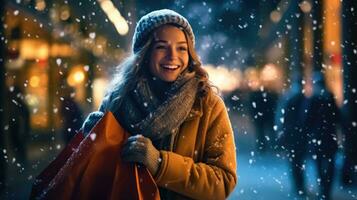 A bright young woman is shopping in the middle of a snowy night. Generative AI photo