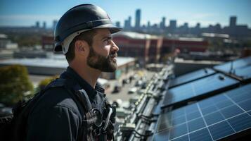 A solar engineer meticulously installing solar panels on the roof of a residence. Generative AI photo