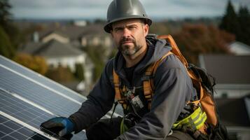 A solar engineer meticulously installing solar panels on the roof of a residence. Generative AI photo