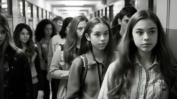 de cerca imagen de joven estudiantes caminando en alto colegio pasillo. generativo ai foto