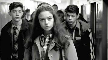 de cerca imagen de joven estudiantes caminando en alto colegio pasillo. generativo ai foto