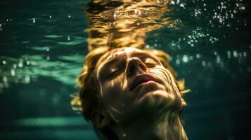 un hembra nadador buceo dentro el lo más hondo de un piscina con su ojos cerrado. generativo ai foto