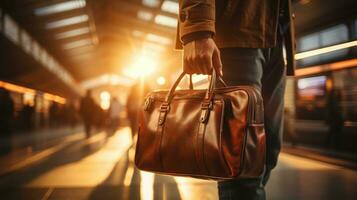 A man's hand grasping the handle of his suitcase with the bustling train station platform in the background. Generative AI photo