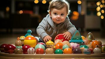 Toddler exploring the toys in the room. Generative AI photo