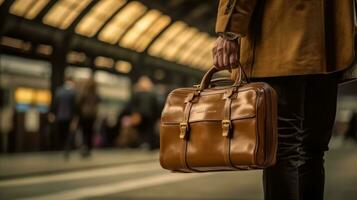 A man's hand grasping the handle of his suitcase with the bustling train station platform in the background. Generative AI photo