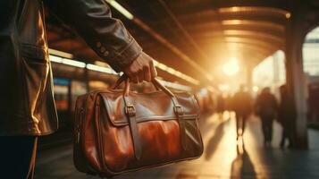 A man's hand grasping the handle of his suitcase with the bustling train station platform in the background. Generative AI photo