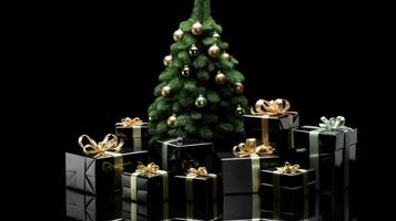 Gift boxes in black friday concept style around pine tree on black background. Generative AI photo