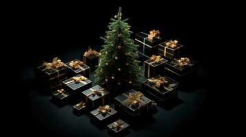 Gift boxes in black friday concept style around pine tree on black background. Generative AI photo