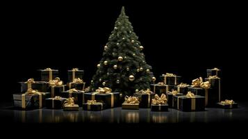 Gift boxes in black friday concept style around pine tree on black background. Generative AI photo