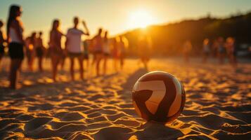 grupo de amigos jugando vóleibol con playa aislado en antecedentes. generativo ai foto