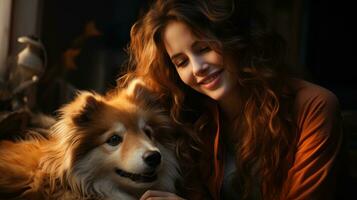 foto representando el enlace Entre un mujer y su mascota perro. generativo ai