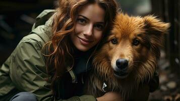 foto representando el enlace Entre un mujer y su mascota perro. generativo ai