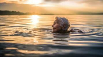 An elderly woman swimming peacefully in the lake. Generative AI photo