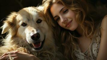 foto representando el enlace Entre un mujer y su mascota perro. generativo ai