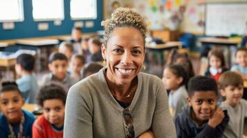 Happy female teacher in an elementary school classroom. Generative AI photo