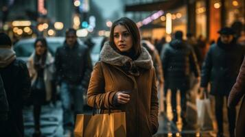 Happy girl walking with shopping bag on the street. Generative AI photo